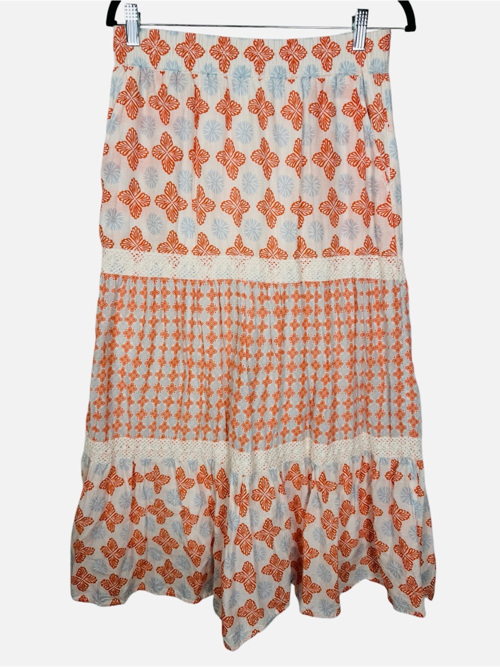 SIGRID OLSEN Skirt Floral Tiered A-Line Lace Trim Lined Maxi Cotton Orange Sz M